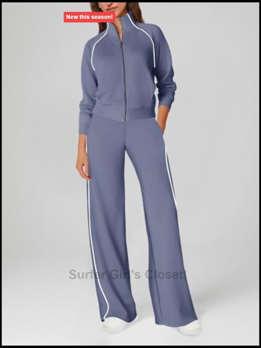 Women's Lounge Set 2 Piece Sweatsuit Zip Up Crop Top Wide Leg Pants - Picture 4 of 4